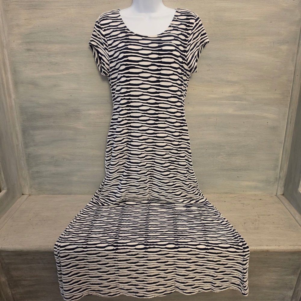 Davina Navy White Textured Waves Striped Scoop Neck‎ Maxi Dress Size Large GC